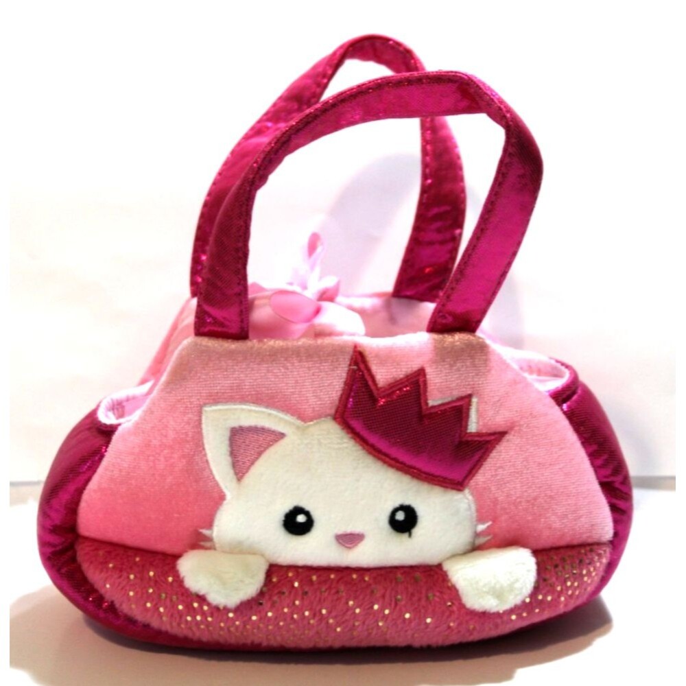 Aurora Fancy Pals Furry Plush Handbag Pink White Cat Crown Purse Carrier Only 7"